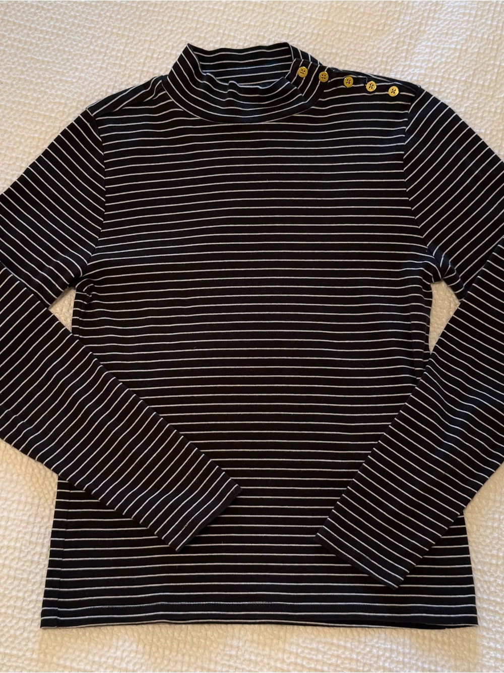 J. Crew | Navy and White Striped Mock Neck Top with Button Detail | Size = L